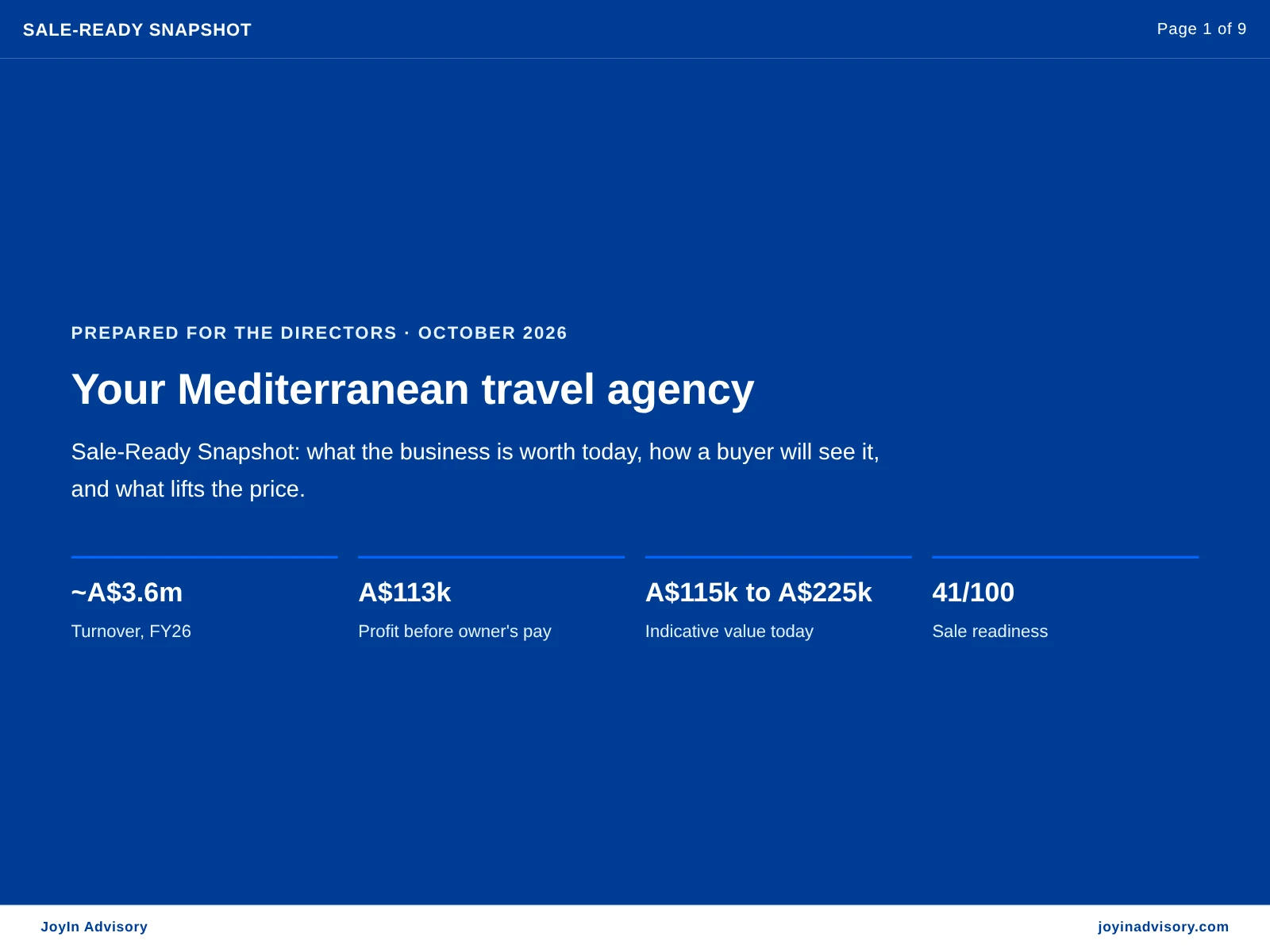Your Mediterranean travel agency. Sale-Ready Snapshot: what the business is worth today, how a buyer will see it, and what lifts the price.