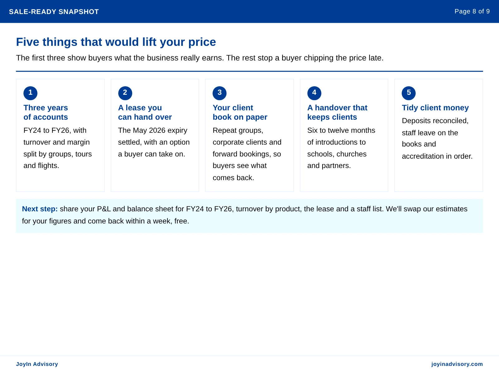 Five things that would lift your price. The first three show buyers what the business really earns. The rest stop a buyer chipping the price late.