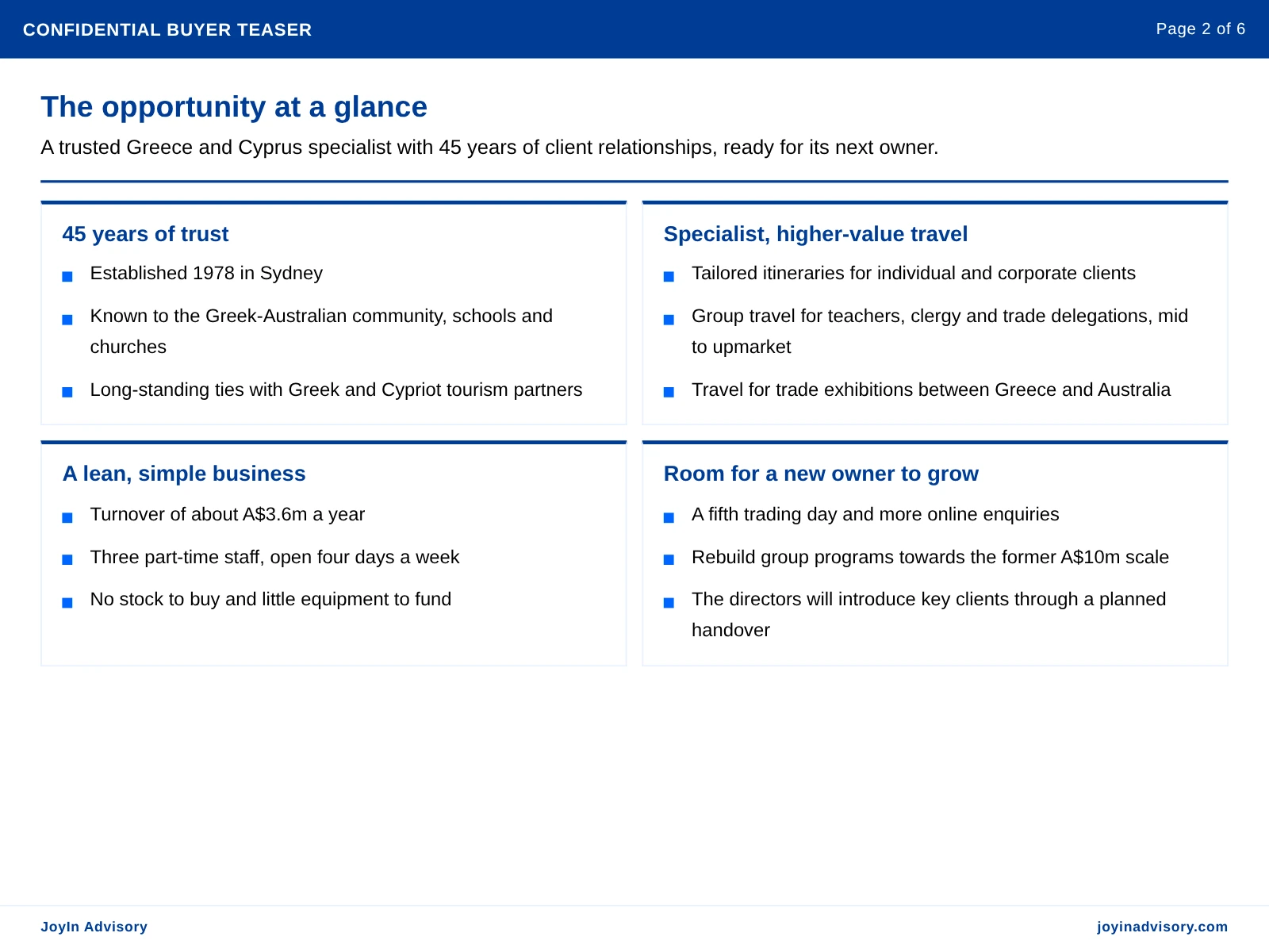 The opportunity at a glance. A trusted Greece and Cyprus specialist with 45 years of client relationships, ready for its next owner.