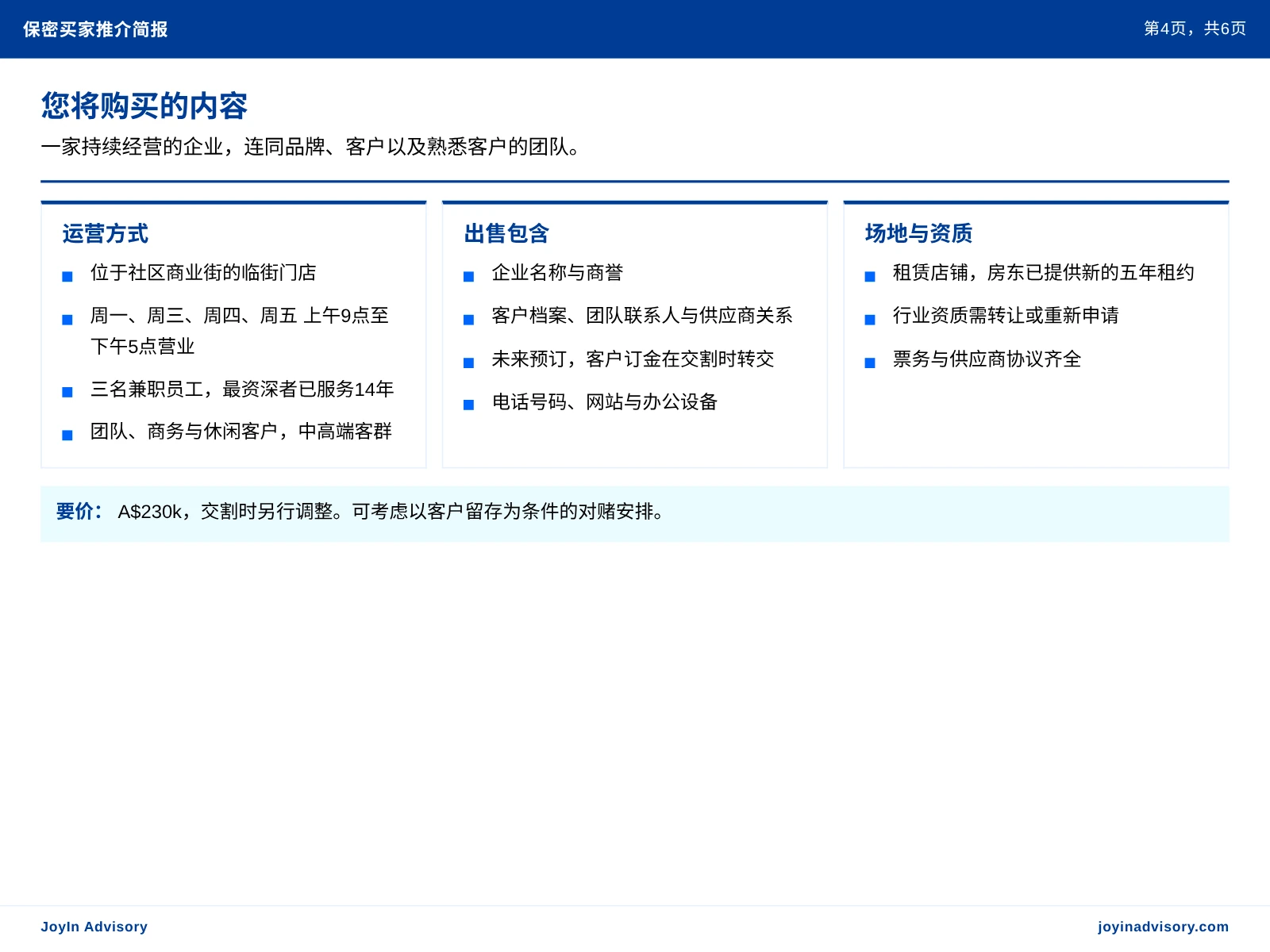 您将购买的内容. 一家持续经营的企业,连同品牌、客户以及熟悉客户的团队。