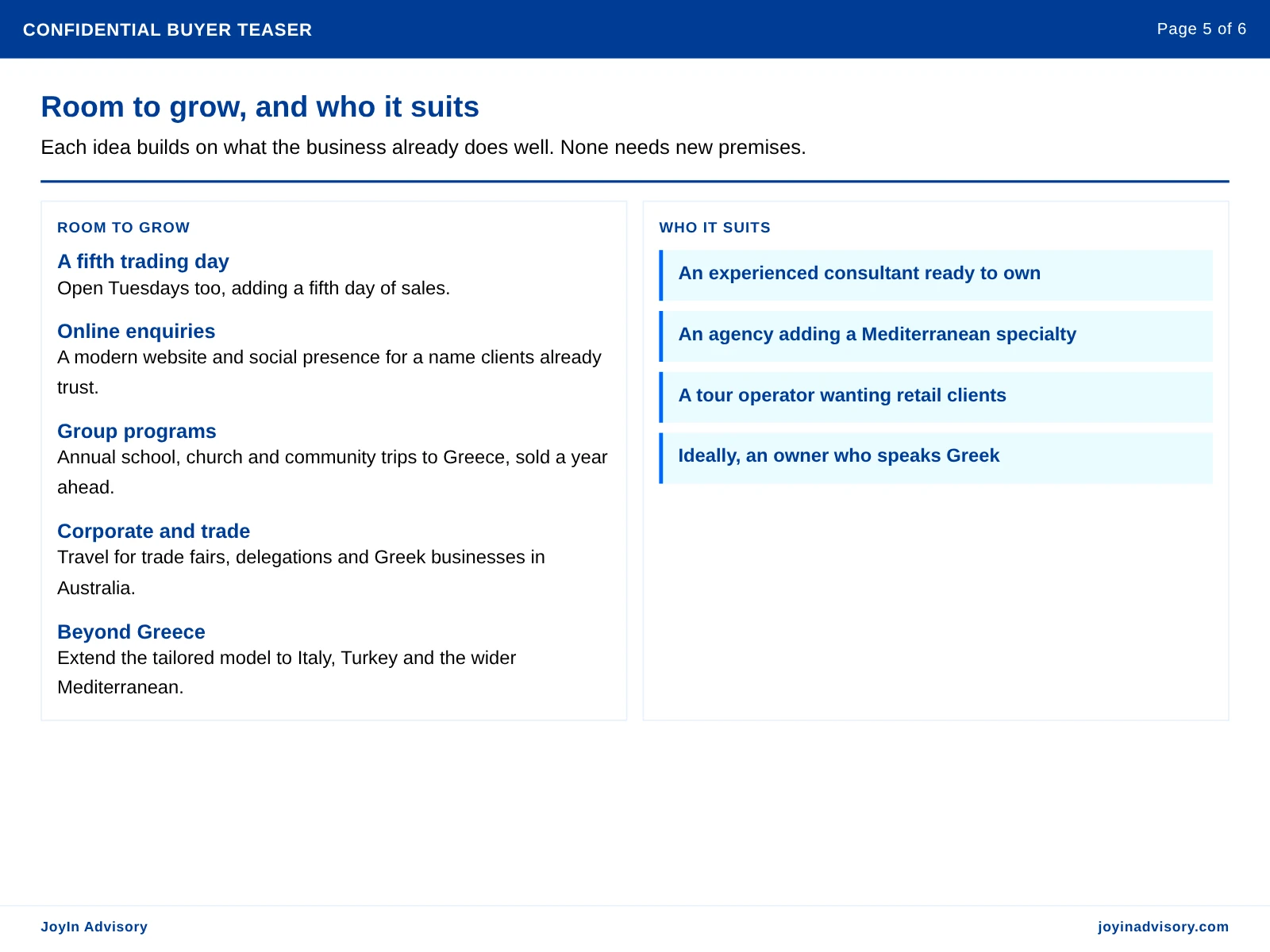 Room to grow, and who it suits. Each idea builds on what the business already does well. None needs new premises.
